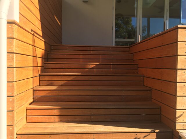 Sunlit timber entry stairs with horizontal cladding, leading to glass doors.