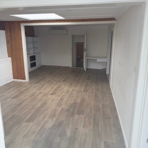 Open-plan living area with wood-look flooring, skylight, timber feature wall, built-in shelves and split-system AC.