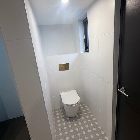 Compact bathroom with back-to-wall toilet, brass flush plate, star-pattern floor tiles, white tiled walls.