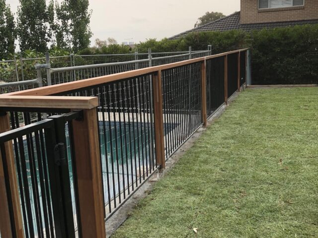 Timber-post black metal pool fence and gate beside newly laid lawn.