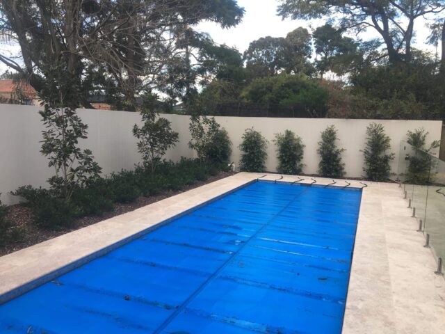 Covered rectangular pool with light stone paving, glass fence, and landscaped shrubs along white fence.